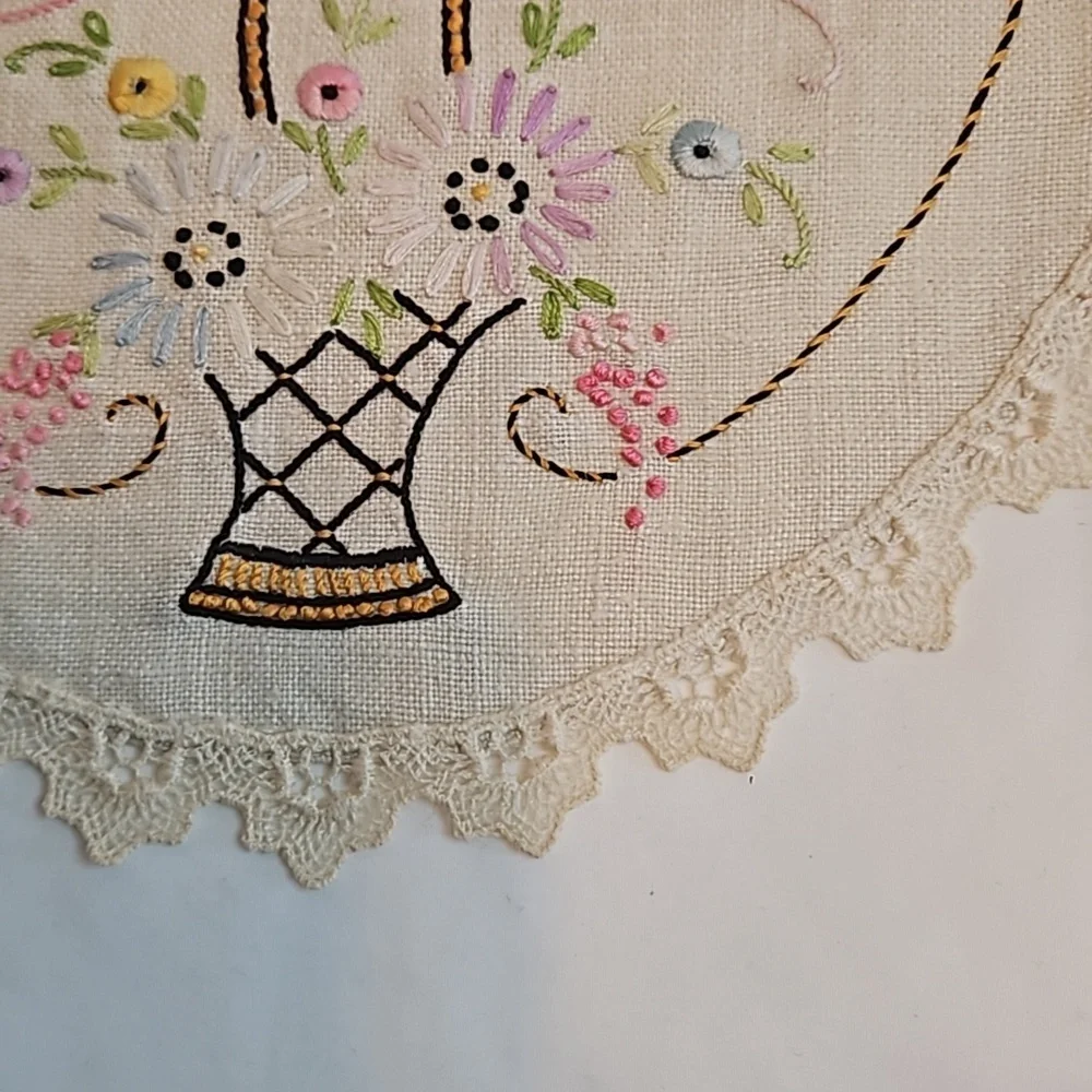 Vintage Hand Stitched Needlepoint Doily Oval Floral